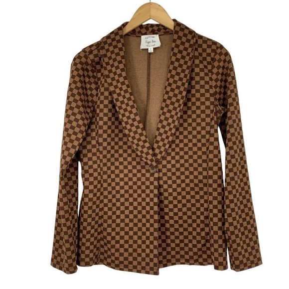 Juniors Women Hippie Rose Knit Check blazer Sz M Brown One Button 3700 washable - Picture 2 of 9